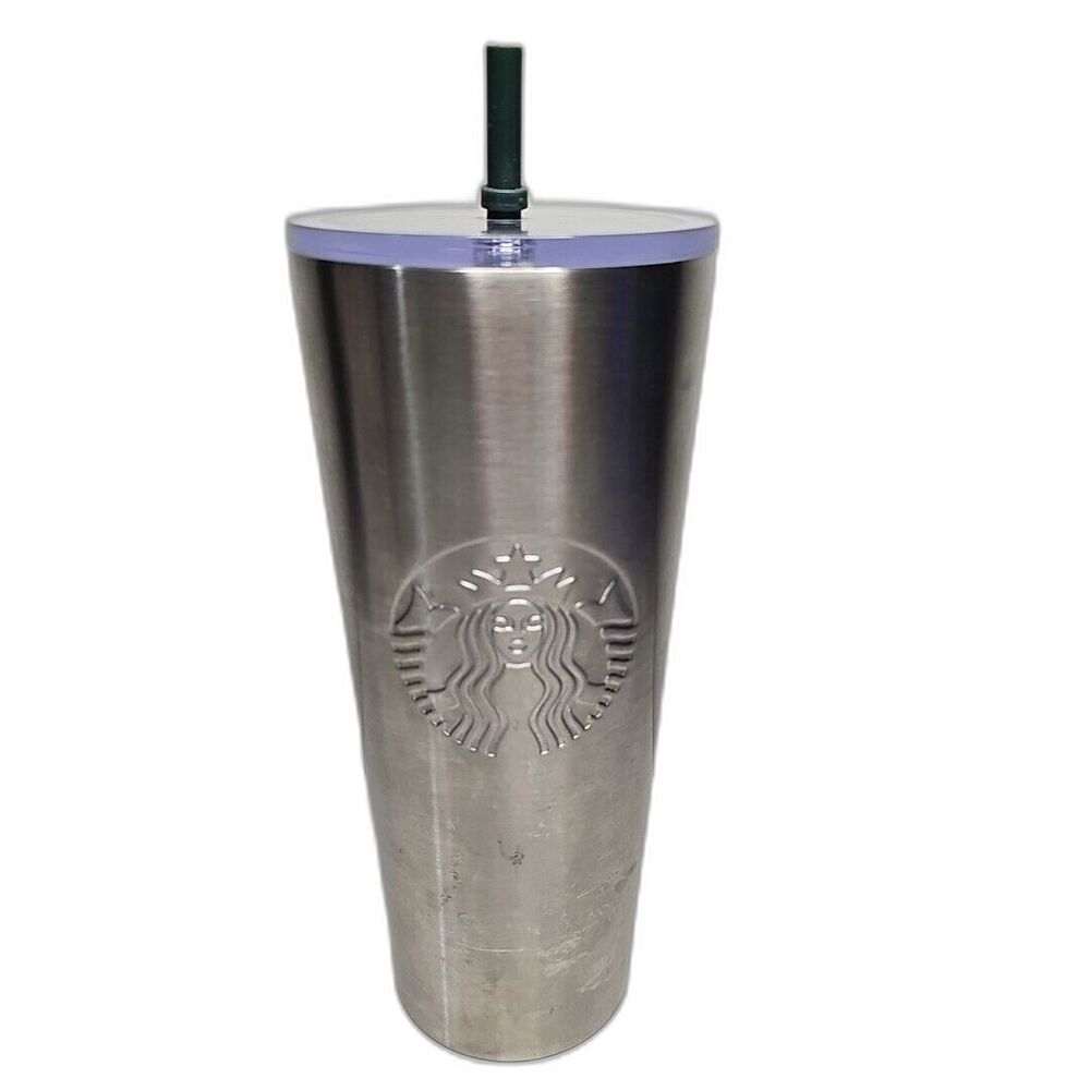 Starbucks Stainless Steel Tumbler 24 Oz Silver Cold Cup Clear Lid With Straw